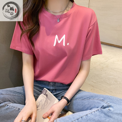 专注品质-玫红色短袖T恤女2021年新款桖夏宽松薄款小众设计感上衣印花半袖运动T恤瑞希罗