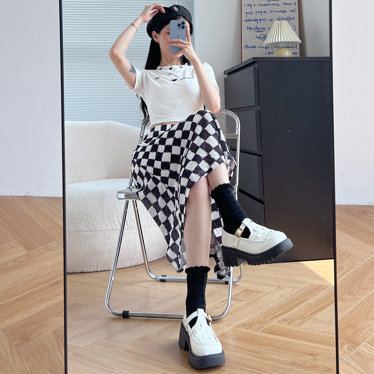 [1.5折价46.3元叠加优惠券]唐狮夏季半身裙女棋盘格长裙甜酷辣妹风时尚流行气质百搭