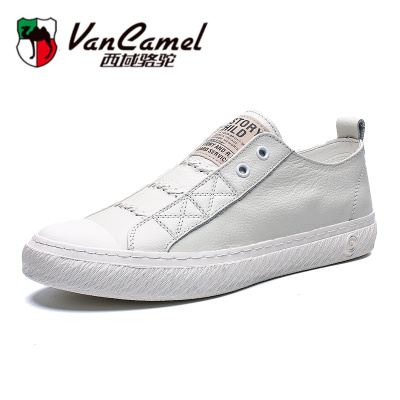 西域骆驼欧洲站潮鞋男2020夏季韩版潮流真皮一脚蹬男手工缝制休闲懒人板鞋薄底纯皮小白鞋
