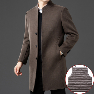 双面呢鹅绒内胆男士羊绒大衣羽绒内胆可拆卸中青年羊毛呢子中长款外套爸爸针织上衣服活里活面鹅绒内胆风衣中老年羽绒外套大码冬装