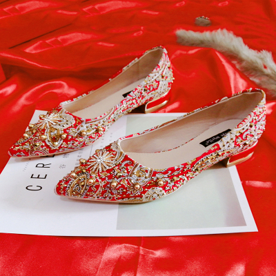 Ideamini中式婚鞋秀禾婚纱两穿2021年新款新娘鞋女红色敬酒孕妇平底结婚鞋休闲鞋中国红平底2厘米尺码齐全拍下备注平时所穿尺码