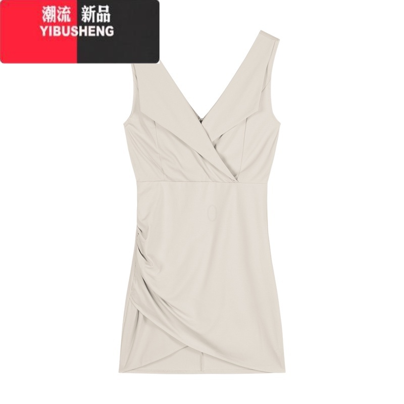 YIBUSHENG纯欲风v领无袖背心连衣裙女季修身交叉短裙显身材收腰包臀裙子