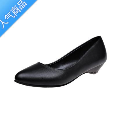SUNTEK上班工作鞋女黑色软皮高跟鞋职业面试皮鞋粗跟工装鞋礼仪鞋不累脚