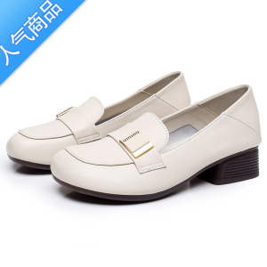 SUNTEK乐福鞋女圆头中跟小皮鞋一脚蹬女鞋软底妈妈鞋子白色粗跟单鞋