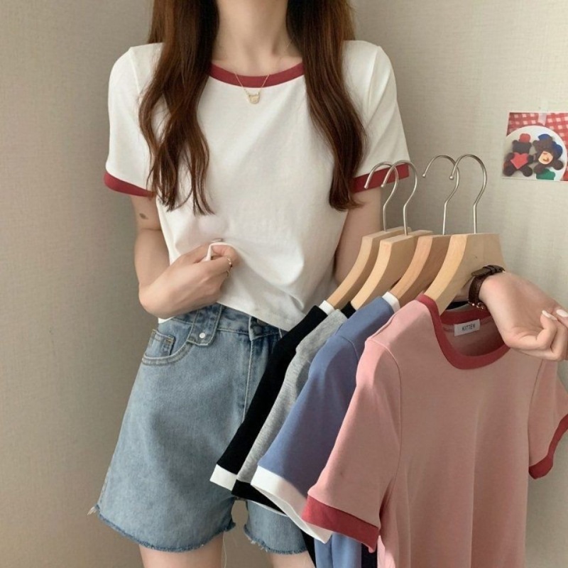 撞色圆领短袖T恤女年新款夏季打底衫韩版修身短款学生上衣潮