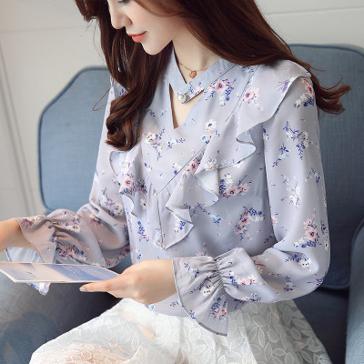 超仙小碎花雪纺衫秋装韩版新款女装小衫优雅荷叶边印花色长袖上衣