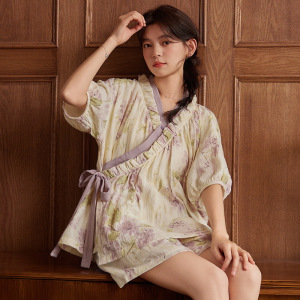 带胸垫睡衣女夏季云朵棉短袖短裤休闲风开衫绑带可外穿家居服套装