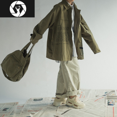 HongZun日系复古军旅工装风夹克宽松BF阿美咔叽多口袋秋季外套潮男女风衣风衣