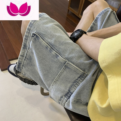 七斓美式复古水洗工装牛仔短裤男士夏季薄款宽松大码潮牌阔腿五分裤子