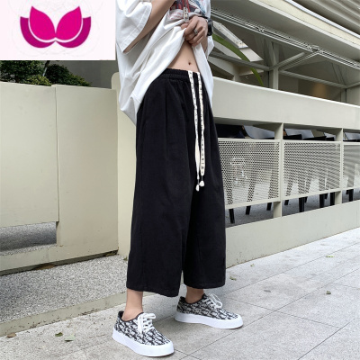 七斓夏季薄款松紧腰休闲裤男宽松直筒阔腿工装裤ins潮牌日系九分裤子