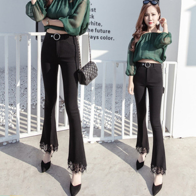 浅娜芬新款2017春夏韩版高腰蕾丝边女裤微喇叭裤九分裤显廋外穿阔腿裤黑色裤