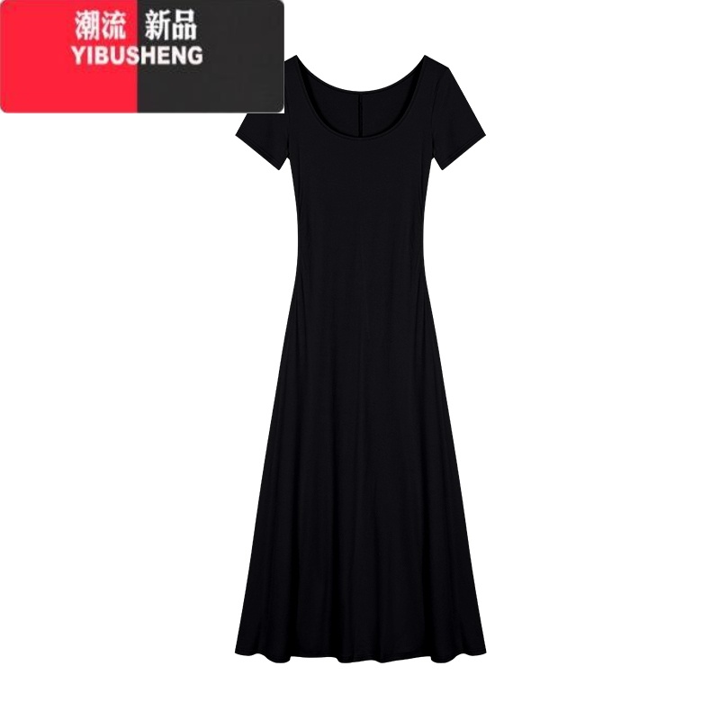 YIBUSHENG纯欲风方领连衣裙女2024季修身收腰A字包臀裙黑色长裙