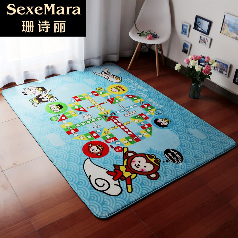 珊诗丽飞行棋儿童游戏子地毯 卡通环保宝宝爬爬垫无异味不掉毛可水洗 天蓝色 游戏毯 1.9*1.4米