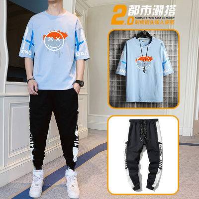 狮臣SHICHEN宽松夏季短袖九分裤一套2020年新款休闲运动套装男韩版百搭男士套装五分袖T恤帅气套装男装TZ2629天蓝L