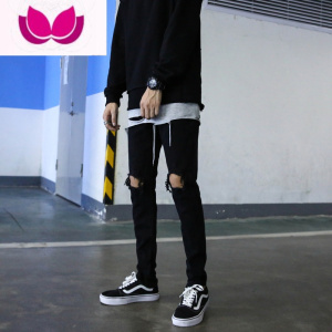 七斓潮牌牛仔裤男士破洞裤黑色美式裤子高街男款小脚裤休闲裤水洗长裤