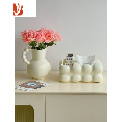 三维工匠陶瓷多纸巾盒客厅茶几遥控器收纳轻奢桌面抽纸盒装饰摆件 1167纸巾盒+花瓶[奶黄]
