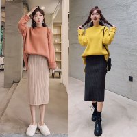 针织半身裙女春秋季2026新款高腰开叉秋冬中长款黑色直筒一步长裙