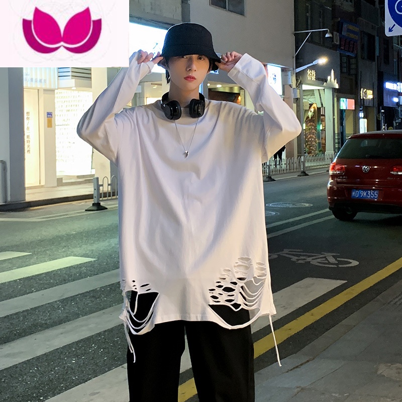 七斓长袖T恤打底衫破洞男潮牌ins潮流高街卫衣内搭春季情侣体恤衫上衣