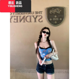 YIBUSHENG美式印花吊带短裙女季修身显瘦纯欲风辣妹蕾丝拼接包臀连衣裙女