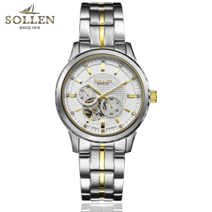 梭伦(SOLLEN)手表男自动机械表金表精钢带镂空陀飞轮商务休闲时尚复古男表SL-9005