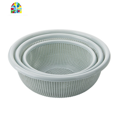 圆形镂空洗菜篮蔬菜沥水筛套装 厨房水果收纳篮洗菜盆 FENGHOU 淡蓝色3件套