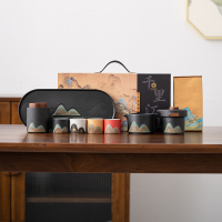 苏氏陶瓷(SUSHI CERAMICS)手绘釉画彩千里江山四色杯清风壶套装干泡盘禅黑文创伴手礼套组