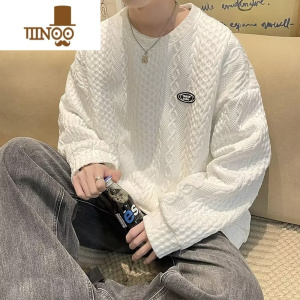 YANXU华夫格编织提花设计卫衣男新款宽松休闲长袖圆领套头上衣服