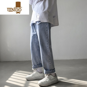 YANXU松紧腰牛仔裤男系绳9分直筒宽松韩版潮流百搭ins港风大码九分裤子