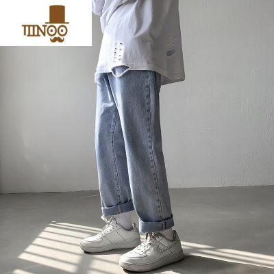 YANXU松紧腰牛仔裤男系绳9分直筒宽松韩版潮流百搭ins港风大码九分裤子