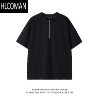 HLCOMAN美式小众cleanfit半拉链短袖T恤男潮牌简约宽松百搭体恤