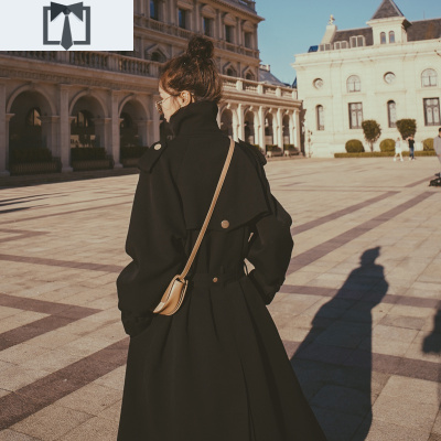 SUNTEK黑色风衣女中长款2020秋季新款韩版休闲宽松气质显瘦赫本风外套潮风衣