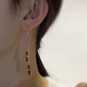 高级感红色竹节流苏耳环长款防丢耳线设计ins小众大气百搭耳坠女送女朋友老婆情人节七夕生日礼物 金色耳线