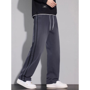 |早秋季男士直筒裤复古水洗磨白仿牛织带松紧腰阔腿宽松裤