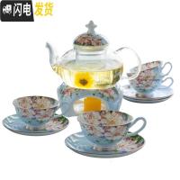 三维工匠花茶壶水果茶壶花茶杯套装家用英式下午茶茶具欧式玻璃壶耐热蜡烛 蓝色馨蕊(4杯+4碟+1壶+1温茶器)
