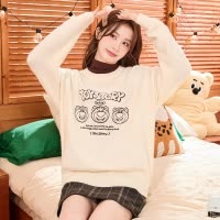 [2.5折价92元]唐狮圆领白色毛线衫女草莓熊联名款线条图案奶fufu的日系慵懒毛衣xz