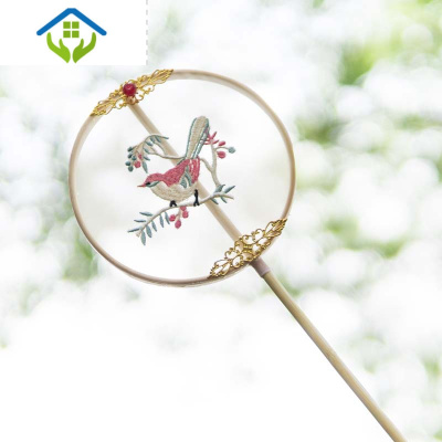 御蓝锦咖喱家复古半透明刺绣团扇长柄掌扇儿童表演舞蹈扇中国风汉服搭配小鸟扇子