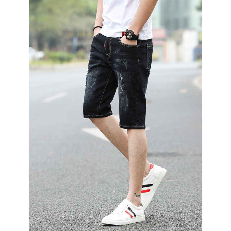 潮牌青年破洞牛仔短裤男弹力修身时尚百搭显瘦直筒乞丐男生五分裤_1