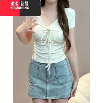 YIBUSHENG辣妹纯欲风粉色高腰紧身短款上衣女季新款设计感小众短袖T恤潮