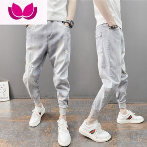 七斓新款男士百搭破洞小脚牛仔九分裤纯色修身休闲束脚弹力哈伦裤