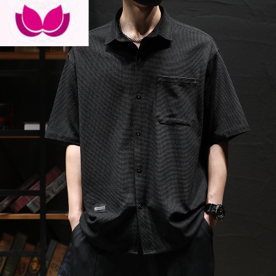 七斓短袖衬衫男夏季华夫格上衣宽松休闲大码衬衣潮流复古皱黑色外套