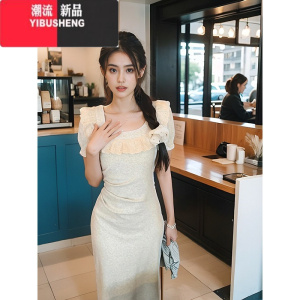 YIBUSHENG法式蕾丝拼接泡泡袖连衣裙2024新款女季气质修身收腰包臀短裙子