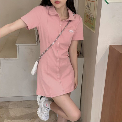 纯欲风韩系Polo领连衣裙女装夏季新款设计感收腰a字T恤裙短裙
