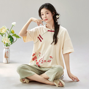 国风新中式新款棉质套装夏季女士短袖七分裤休闲家居服薄款可外穿