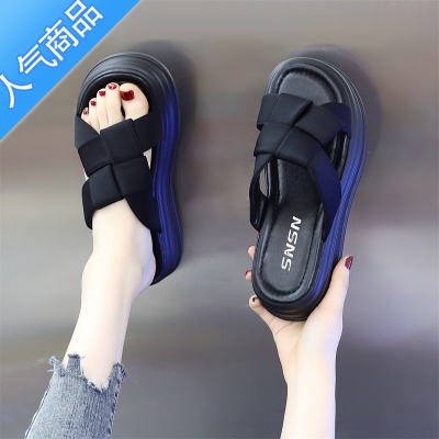 SUNTEK一字拖凉鞋女外穿夏2023年新款时尚松糕厚底沙滩鞋配裙子时尚拖鞋