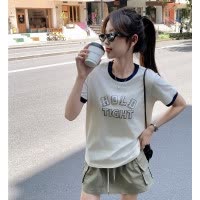[2.5折价46元]唐狮夏季女圆领撞边前胸字母短袖T恤百搭美式复古减龄潮流