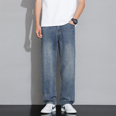 REGULARFIT男士牛仔直筒裤经典蓝做旧水洗大码宽松垂感长裤