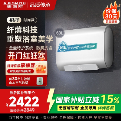 AO史密斯佳尼特 60升电热水器 纤薄双胆扁桶 金圭内胆 3kW速热 CTE-60HT0 小尺寸71cm