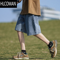HLCOMAN浅蓝色牛仔短裤男士夏季2024新款潮牌宽松休闲潮流薄款五分中裤子