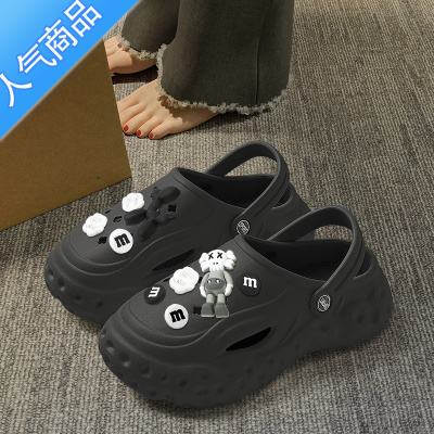 SUNTEK黑色洞洞鞋女款夏季外穿2023新款防滑包头凉鞋eva厚底沙滩拖鞋女