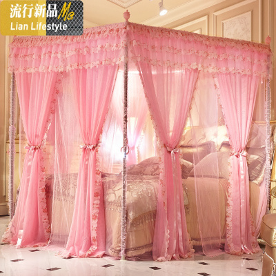 欧式双层蚊帐加密三开加粗不锈钢落地方顶宫廷公主1.5米1.8m床 三维工匠